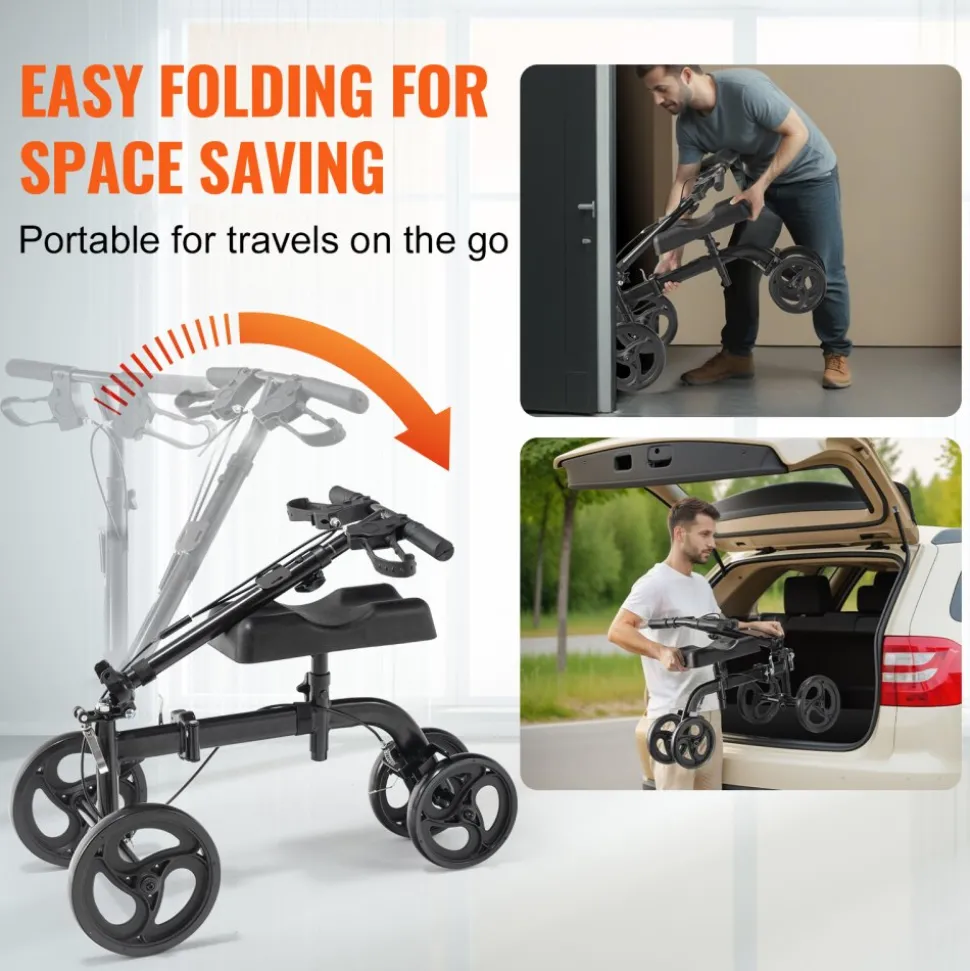 VEVOR Folding Knee Scooter, Carbon Steel Steerable Knee Walker with Height-Adjustable Handlebar & Knee Pad, All-Terrain Solid Wheels, Dual Brakes, Leg Recovery Scooter for Broken Ankle Foot Injuries