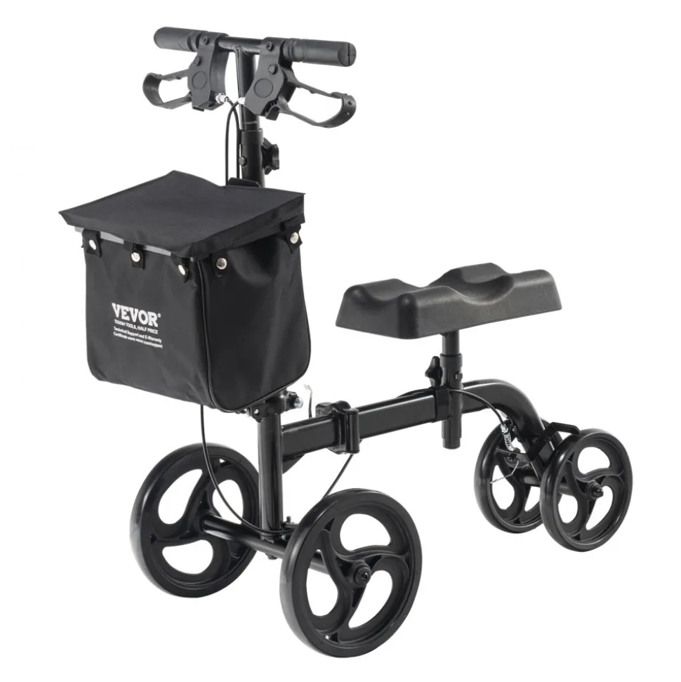 VEVOR Folding Knee Scooter, Carbon Steel Steerable Knee Walker with Height-Adjustable Handlebar & Knee Pad, All-Terrain Solid Wheels, Dual Brakes, Leg Recovery Scooter for Broken Ankle Foot Injuries