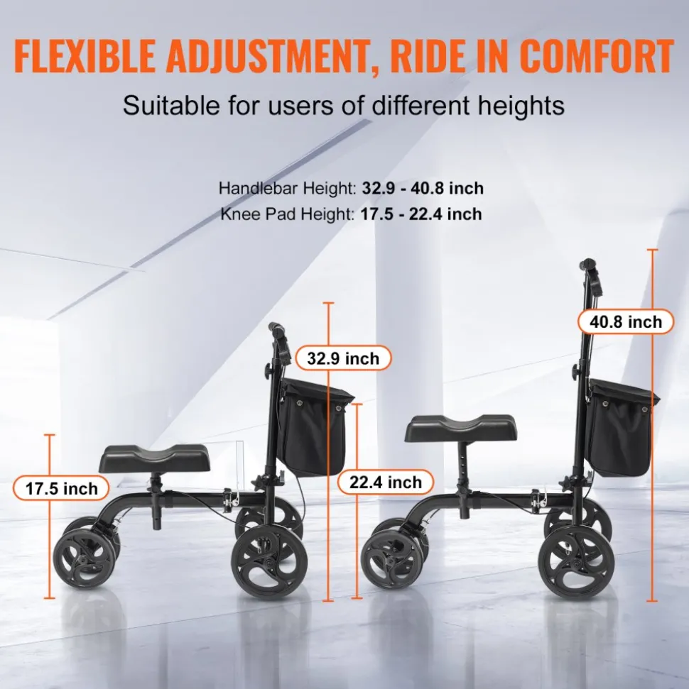 VEVOR Folding Knee Scooter, Carbon Steel Steerable Knee Walker with Height-Adjustable Handlebar & Knee Pad, All-Terrain Solid Wheels, Dual Brakes, Leg Recovery Scooter for Broken Ankle Foot Injuries
