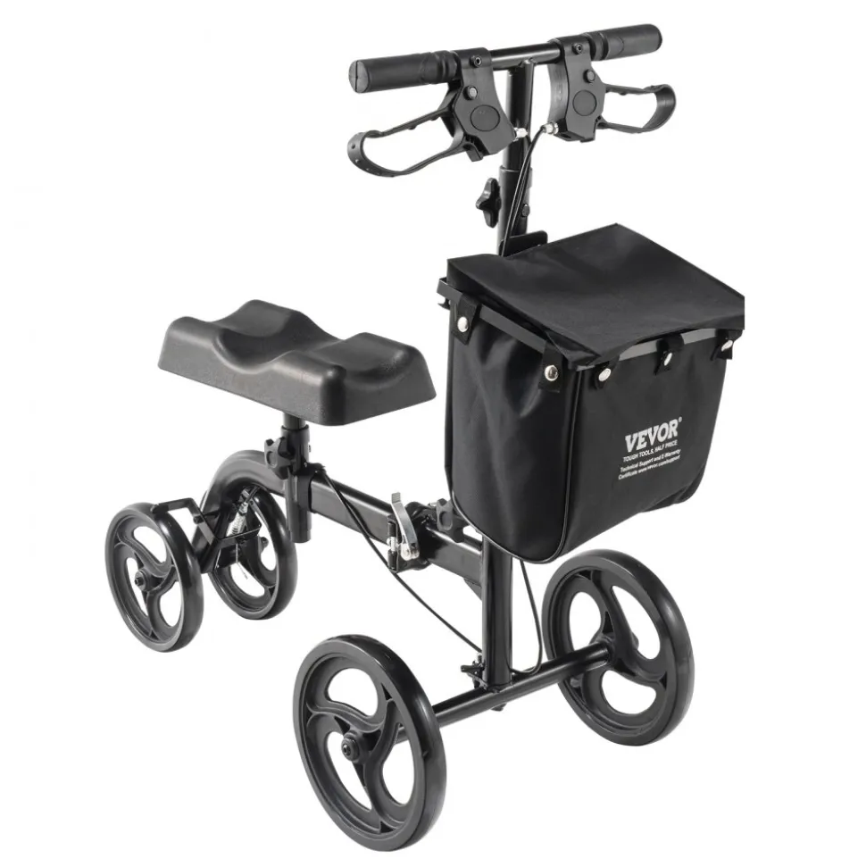 VEVOR Folding Knee Scooter, Carbon Steel Steerable Knee Walker with Height-Adjustable Handlebar & Knee Pad, All-Terrain Solid Wheels, Dual Brakes, Leg Recovery Scooter for Broken Ankle Foot Injuries