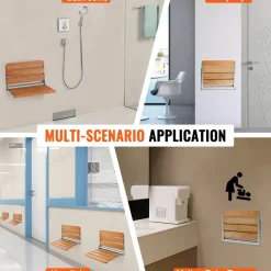 VEVOR Folding Oak Shower Seat, 16.1" x 13.4" Unfolded, Wall Mounted Fold Up Shower Bench with 440 lbs Load Capacity, Space Saving Home Care Fold Down Shower Chair, for Seniors Pregnant Women Children