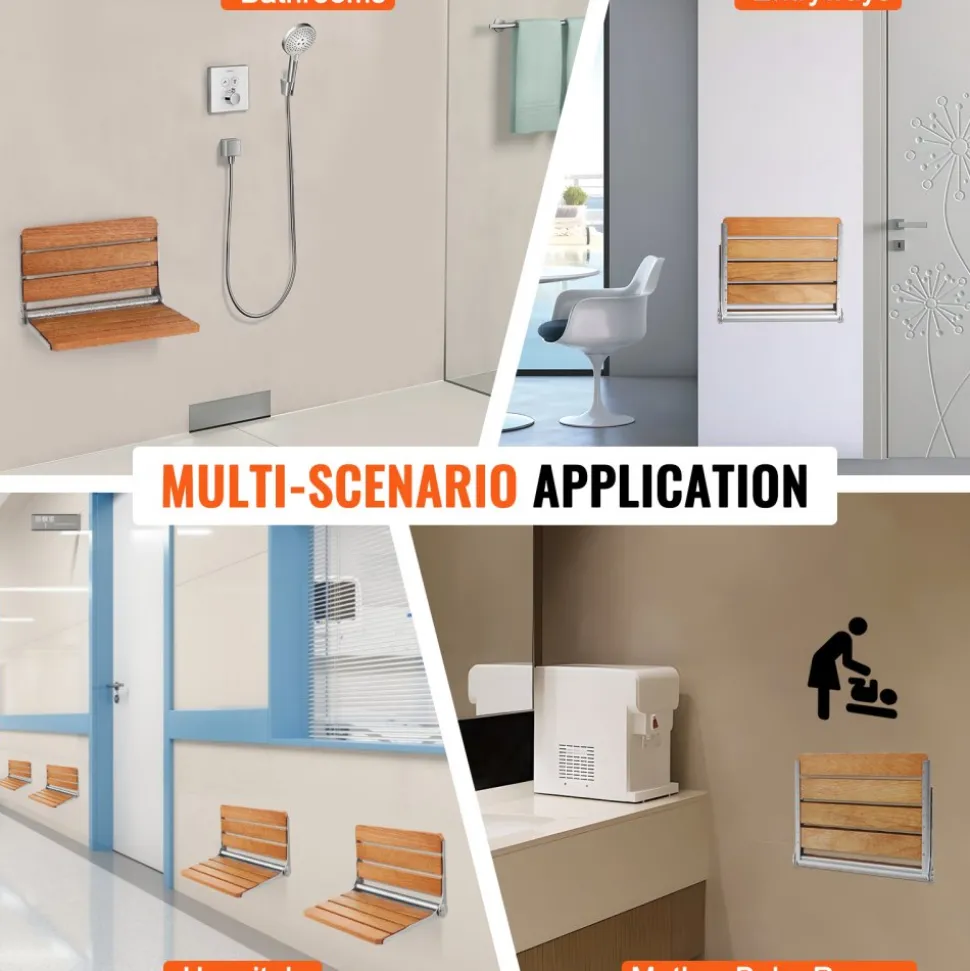VEVOR Folding Oak Shower Seat, 16.1" x 13.4" Unfolded, Wall Mounted Fold Up Shower Bench with 440 lbs Load Capacity, Space Saving Home Care Fold Down Shower Chair, for Seniors Pregnant Women Children