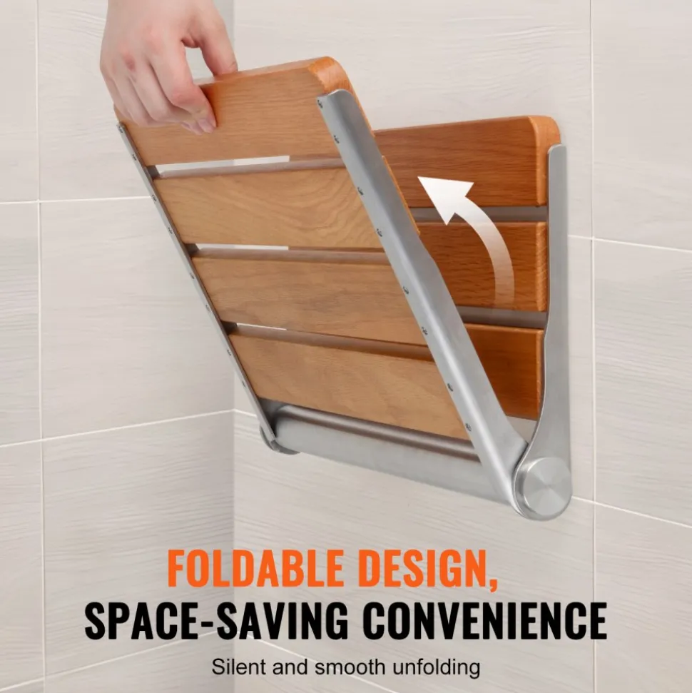 VEVOR Folding Oak Shower Seat, 16.1" x 13.4" Unfolded, Wall Mounted Fold Up Shower Bench with 440 lbs Load Capacity, Space Saving Home Care Fold Down Shower Chair, for Seniors Pregnant Women Children