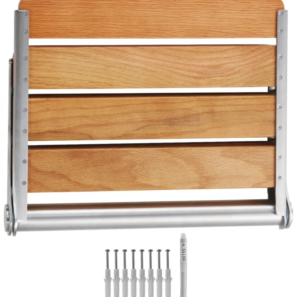 VEVOR Folding Oak Shower Seat, 16.1" x 13.4" Unfolded, Wall Mounted Fold Up Shower Bench with 440 lbs Load Capacity, Space Saving Home Care Fold Down Shower Chair, for Seniors Pregnant Women Children
