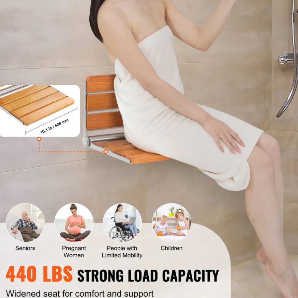 VEVOR Folding Oak Shower Seat, 16.1" x 13.4" Unfolded, Wall Mounted Fold Up Shower Bench with 440 lbs Load Capacity, Space Saving Home Care Fold Down Shower Chair, for Seniors Pregnant Women Children