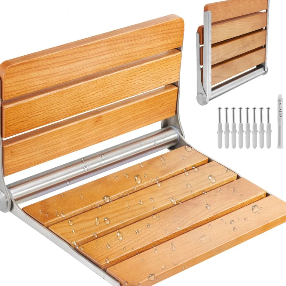 VEVOR Folding Oak Shower Seat, 16.1" x 13.4" Unfolded, Wall Mounted Fold Up Shower Bench with 440 lbs Load Capacity, Space Saving Home Care Fold Down Shower Chair, for Seniors Pregnant Women Children