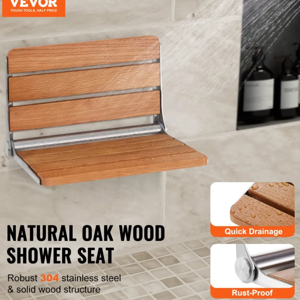 VEVOR Folding Oak Shower Seat, 16.1" x 13.4" Unfolded, Wall Mounted Fold Up Shower Bench with 440 lbs Load Capacity, Space Saving Home Care Fold Down Shower Chair, for Seniors Pregnant Women Children