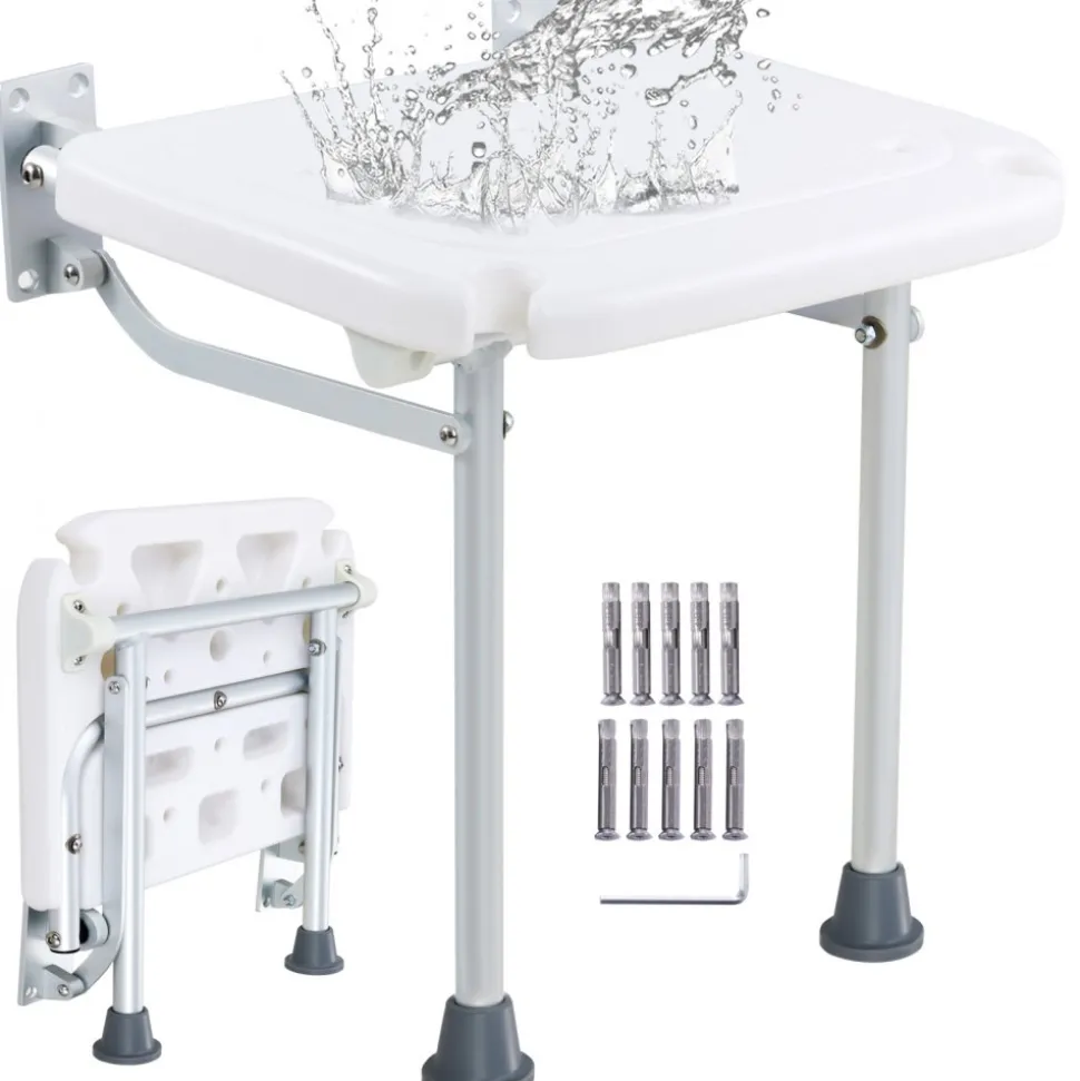 VEVOR Folding PE Shower Seat, 15.7'' x 14.8'' Unfolded, Wall Mounted Fold Up Shower Bench with 500 lbs Load Capacity, Space Saving Fold Down Shower Chair for Seniors Pregnant Women Children Adults
