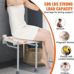 VEVOR Folding PE Shower Seat, 15.7'' x 14.8'' Unfolded, Wall Mounted Fold Up Shower Bench with 500 lbs Load Capacity, Space Saving Fold Down Shower Chair for Seniors Pregnant Women Children Adults