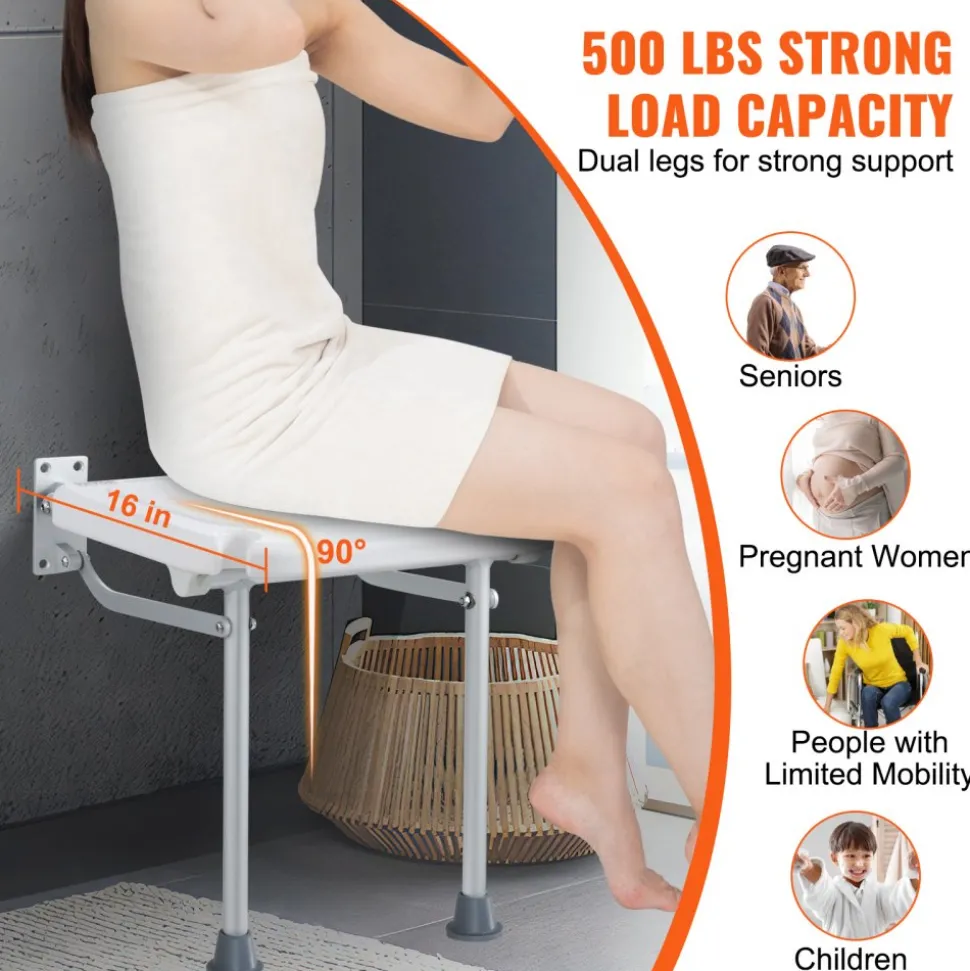 VEVOR Folding PE Shower Seat, 15.7'' x 14.8'' Unfolded, Wall Mounted Fold Up Shower Bench with 500 lbs Load Capacity, Space Saving Fold Down Shower Chair for Seniors Pregnant Women Children Adults
