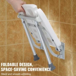 VEVOR Folding PE Shower Seat, 15.7'' x 14.8'' Unfolded, Wall Mounted Fold Up Shower Bench with 500 lbs Load Capacity, Space Saving Fold Down Shower Chair for Seniors Pregnant Women Children Adults