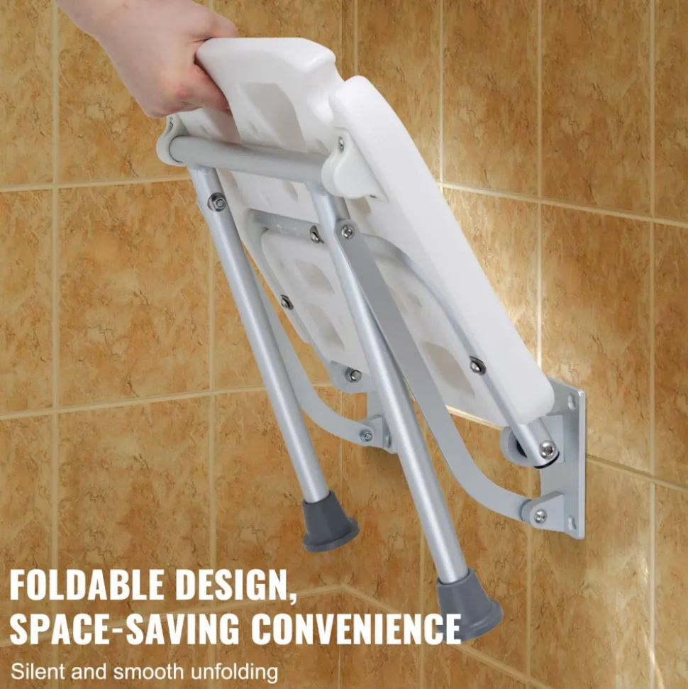 VEVOR Folding PE Shower Seat, 15.7'' x 14.8'' Unfolded, Wall Mounted Fold Up Shower Bench with 500 lbs Load Capacity, Space Saving Fold Down Shower Chair for Seniors Pregnant Women Children Adults