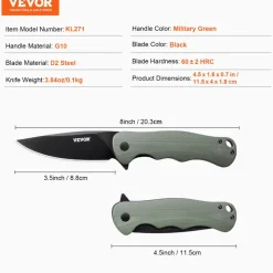 VEVOR Folding Pocket Knife, 3.5 in/8.8 cm D2 Steel Blade, G10 Handle Small EDC Knife with Pocket Clip, Sharp Camping Survival Hiking Knife, 3.84 oz/0.1 kg Easy to Carry for Men Women Self Defense