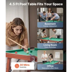 VEVOR Folding Pool Table, 4.5 ft Portable Billiards Tables, Foldable Space-Saving Entertainment Game Set Includes Ball, Cue, Rack, Chalk, Brush, Brown with Bule Cloth, for Family Use, Recreation Room