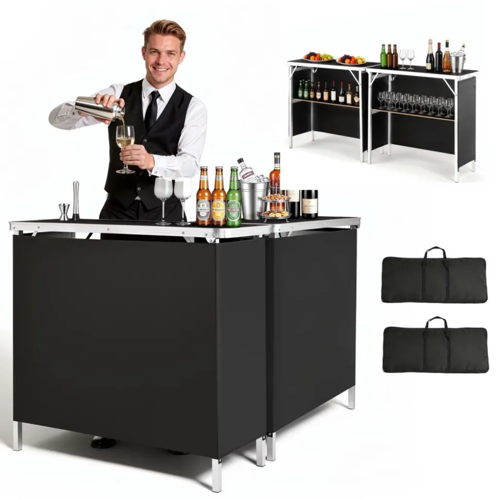 VEVOR Folding Portable Bar Table, 2 pcs, 38.6 x 15.2 x 34.3 in, with Carry Bag, Storage Shelf, Detachable Skirt, Quick and Easy Setup, Foldable Mobile Bartending Station for Events, Party, Tradeshow