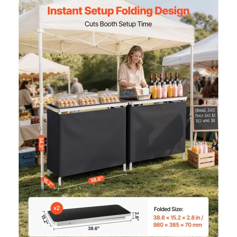VEVOR Folding Portable Bar Table, 2 pcs, 38.6 x 15.2 x 34.3 in, with Carry Bag, Storage Shelf, Detachable Skirt, Quick and Easy Setup, Foldable Mobile Bartending Station for Events, Party, Tradeshow