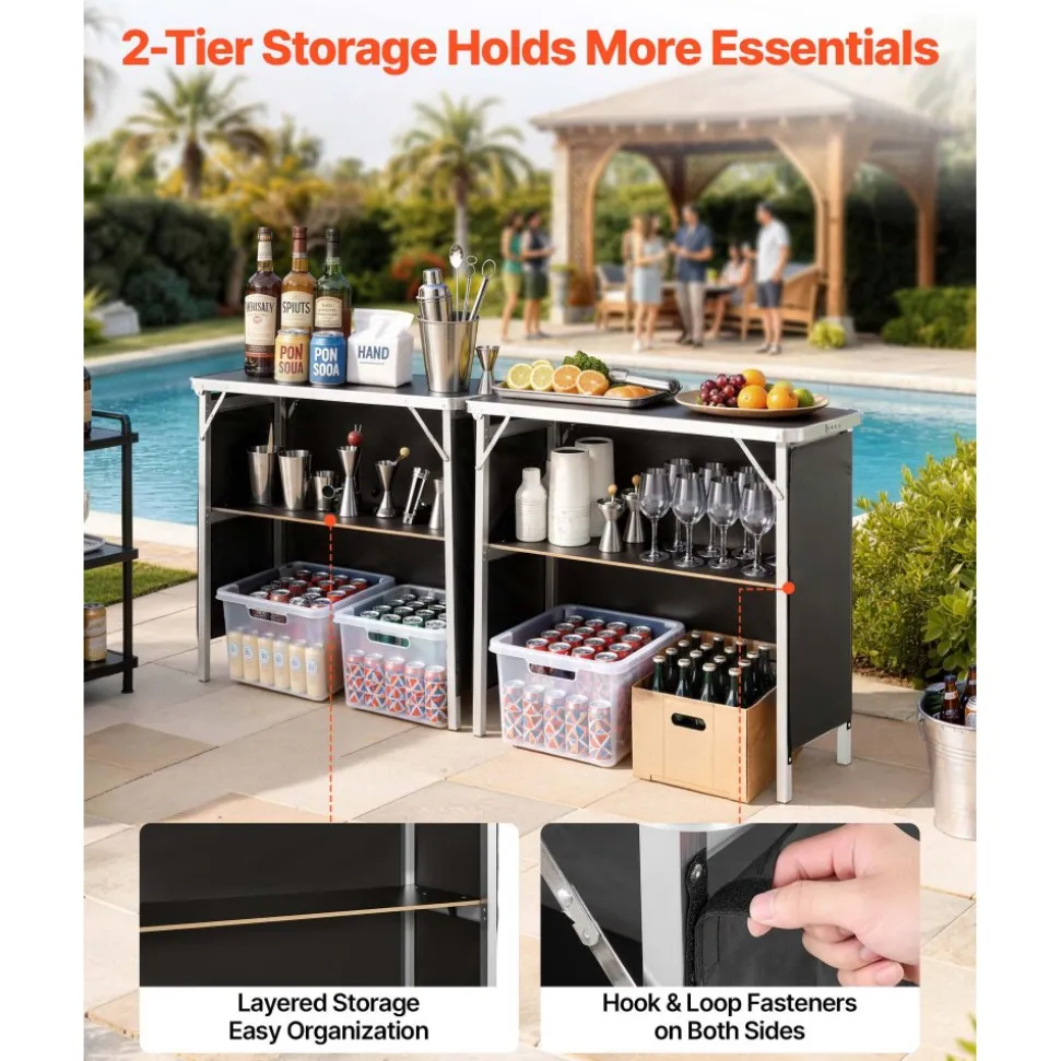 VEVOR Folding Portable Bar Table, 2 pcs, 38.6 x 15.2 x 34.3 in, with Carry Bag, Storage Shelf, Detachable Skirt, Quick and Easy Setup, Foldable Mobile Bartending Station for Events, Party, Tradeshow