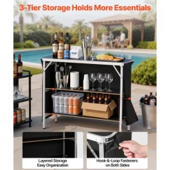 VEVOR Folding Portable Bar Table, 43.3 x 15.2 x 34.8 in, with Carry Bag, 2 Storage Shelves, and Detachable Skirt, Quick and Easy Setup, Foldable Mobile Bartending Station for Events, Party, Tradeshow
