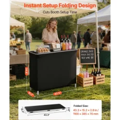 VEVOR Folding Portable Bar Table, 43.3 x 15.2 x 34.8 in, with Carry Bag, 2 Storage Shelves, and Detachable Skirt, Quick and Easy Setup, Foldable Mobile Bartending Station for Events, Party, Tradeshow