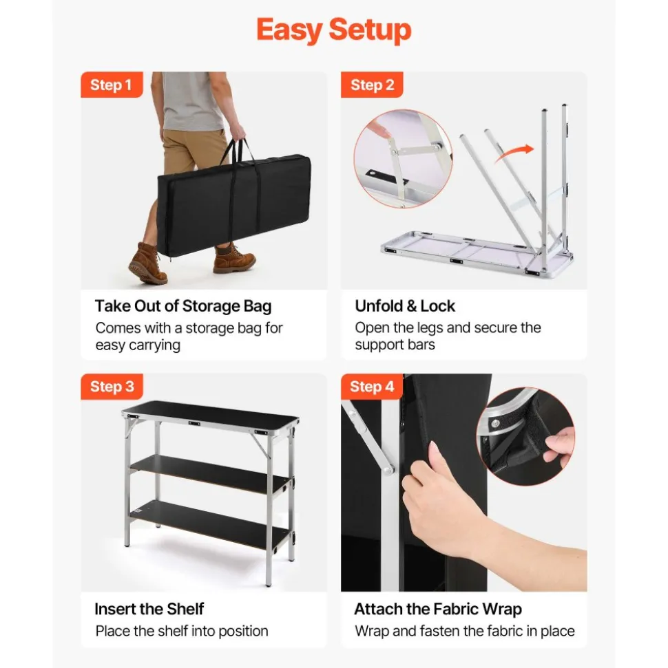 VEVOR Folding Portable Bar Table, 43.3 x 15.2 x 34.8 in, with Carry Bag, 2 Storage Shelves, and Detachable Skirt, Quick and Easy Setup, Foldable Mobile Bartending Station for Events, Party, Tradeshow