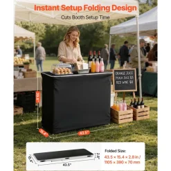 VEVOR Folding Portable Bar Table, 38.6 x 15.2 x 34.3 in, with Carry Bag, Storage Shelf, and Detachable Skirt, Quick and Easy Setup, Foldable Mobile Bartending Station for Events, Party, Tradeshow