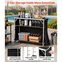 VEVOR Folding Portable Bar Table, 38.6 x 15.2 x 34.3 in, with Carry Bag, Storage Shelf, and Detachable Skirt, Quick and Easy Setup, Foldable Mobile Bartending Station for Events, Party, Tradeshow