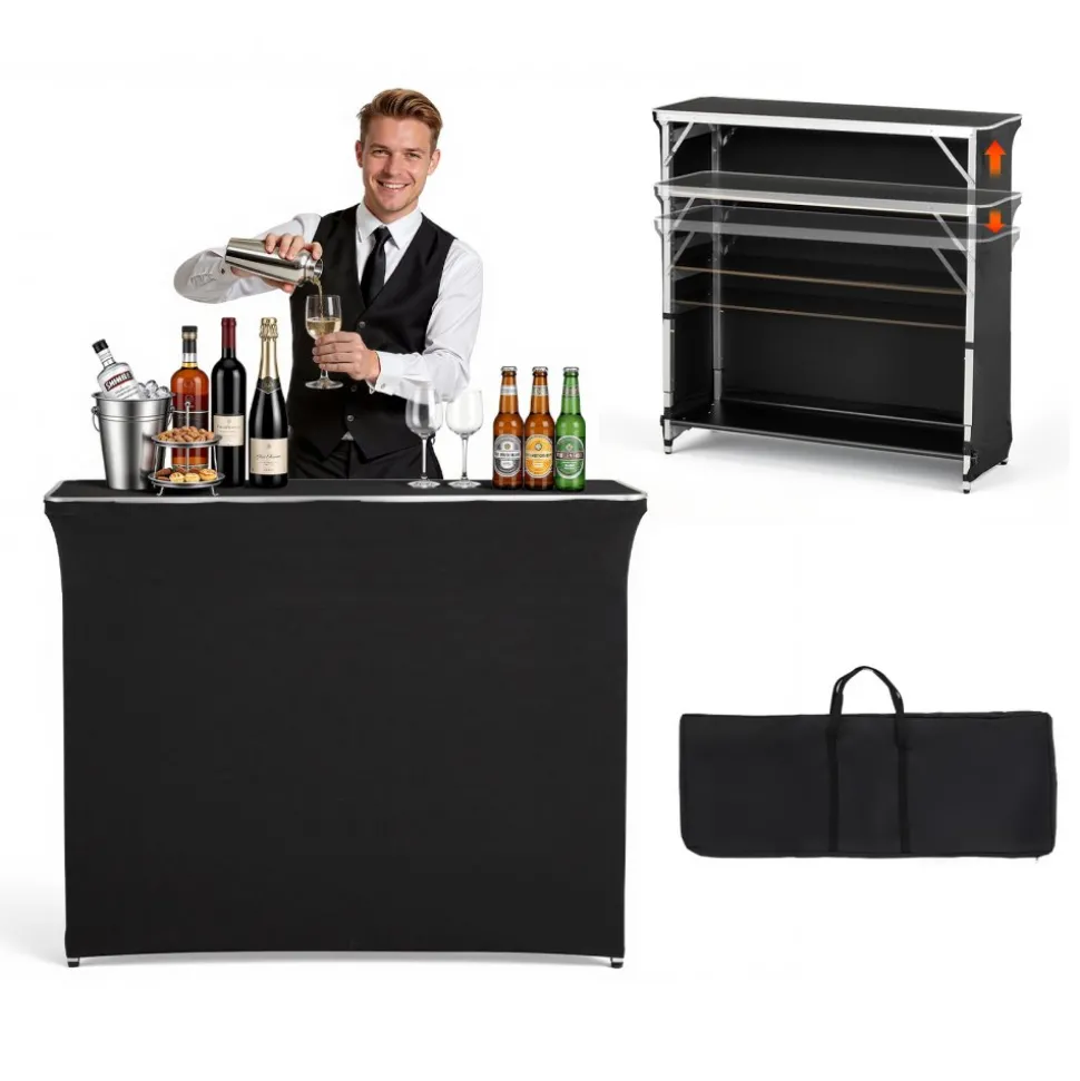 VEVOR Folding Portable Bar Table, 38.6 x 15.2 x 34.3 in, with Carry Bag, Storage Shelf, and Detachable Skirt, Quick and Easy Setup, Foldable Mobile Bartending Station for Events, Party, Tradeshow