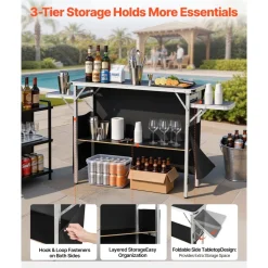 VEVOR Folding Portable Bar Table, 43.3 x 15.4 x 34.6 in, with Carry Bag, Storage Shelf, and Detachable Skirt, Quick and Easy Setup, Foldable Mobile Bartending Station for Events, Party, Tradeshow
