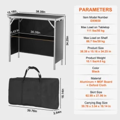 VEVOR Folding Portable Bar Table, Tradeshow Podium Table for Indoor, Outdoor, Party, Picnic, Exhibition, Includes Carrying Case, Storage Shelf and Black Skirt, 38.39