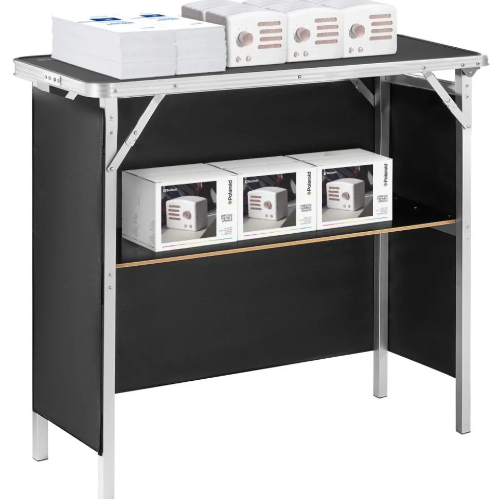VEVOR Folding Portable Bar Table, Tradeshow Podium Table for Indoor, Outdoor, Party, Picnic, Exhibition, Includes Carrying Case, Storage Shelf and Black Skirt, 38.39" x 15.16" x 34.25"