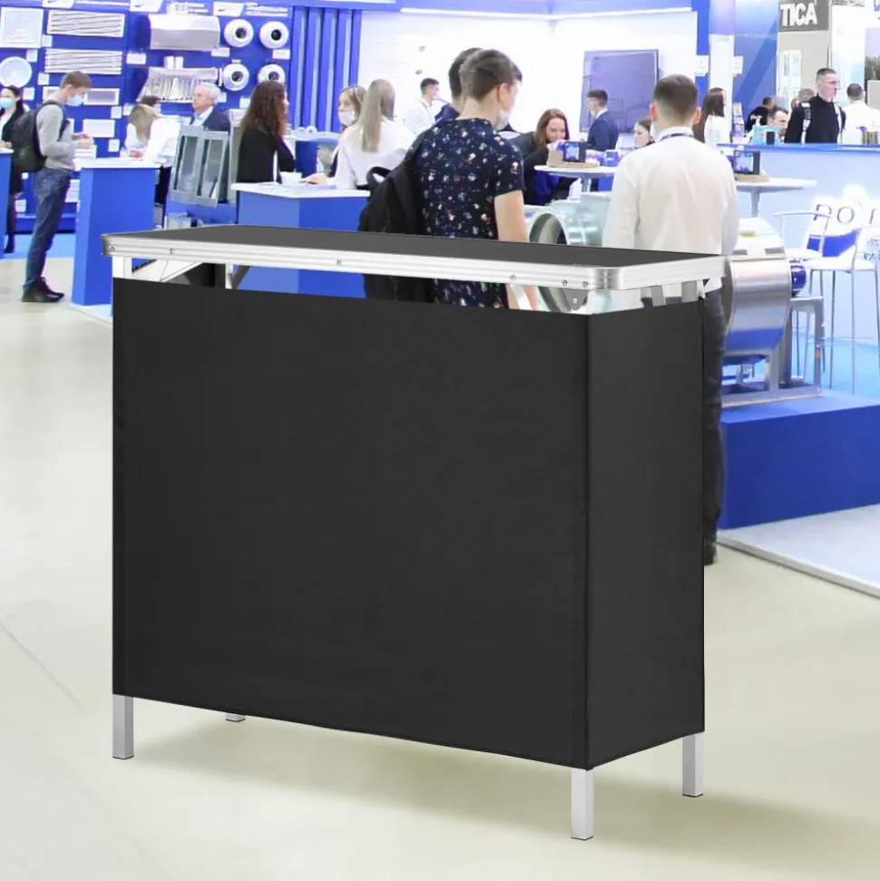VEVOR Folding Portable Bar Table, Tradeshow Podium Table for Indoor, Outdoor, Party, Picnic, Exhibition, Includes Carrying Case, Storage Shelf and Black Skirt, 38.39" x 15.16" x 34.25"
