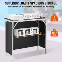 VEVOR Folding Portable Bar Table, Tradeshow Podium Table for Indoor, Outdoor, Party, Picnic, Exhibition, Includes Carrying Case, Storage Shelf and Black Skirt, 38.39