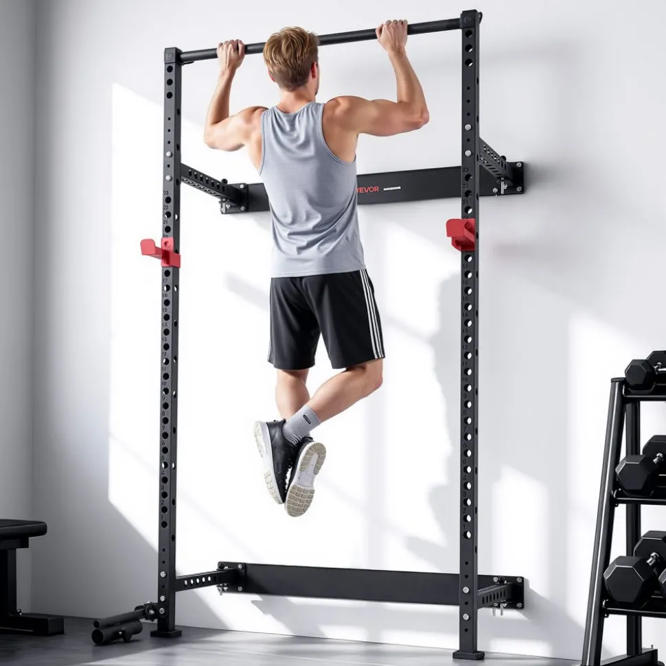 VEVOR Folding Power Cage, Wall-Mounted Power Rack Squat Rack, Multifunctional Strength Training Workout Equipment with Landmine Holder, Adjustable J-Hooks & Pull-Up Bar for Home Gym, 1000LBS Capacity