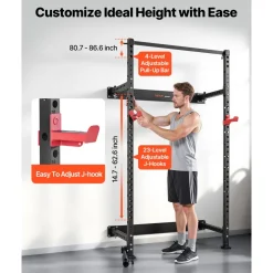 VEVOR Folding Power Cage, Wall-Mounted Power Rack Squat Rack, Multifunctional Strength Training Workout Equipment with Landmine Holder, Adjustable J-Hooks & Pull-Up Bar for Home Gym, 1000LBS Capacity