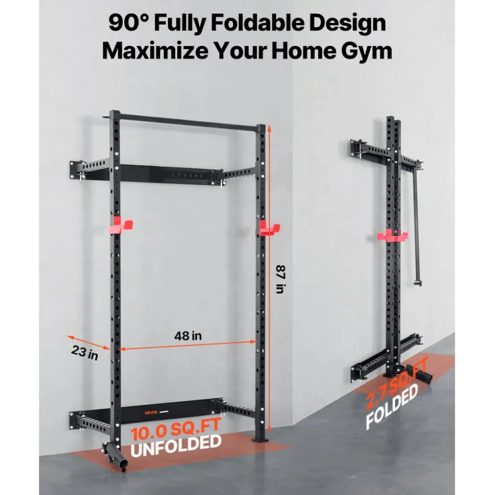 VEVOR Folding Power Cage, Wall-Mounted Power Rack Squat Rack, Multifunctional Strength Training Workout Equipment with Landmine Holder, Adjustable J-Hooks & Pull-Up Bar for Home Gym, 1000LBS Capacity