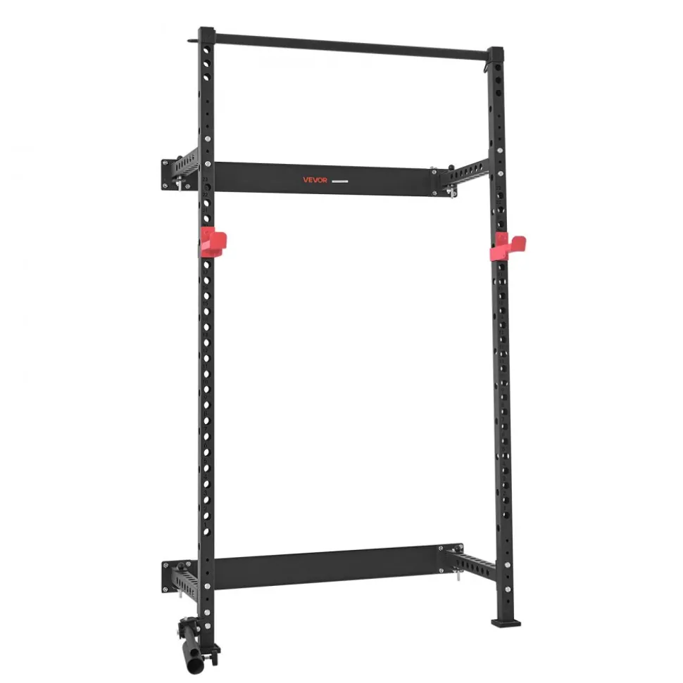 VEVOR Folding Power Cage, Wall-Mounted Power Rack Squat Rack, Multifunctional Strength Training Workout Equipment with Landmine Holder, Adjustable J-Hooks & Pull-Up Bar for Home Gym, 1000LBS Capacity