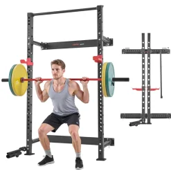 VEVOR Folding Power Cage, Wall-Mounted Power Rack Squat Rack, Multifunctional Strength Training Workout Equipment with Landmine Holder, Adjustable J-Hooks & Pull-Up Bar for Home Gym, 1000LBS Capacity