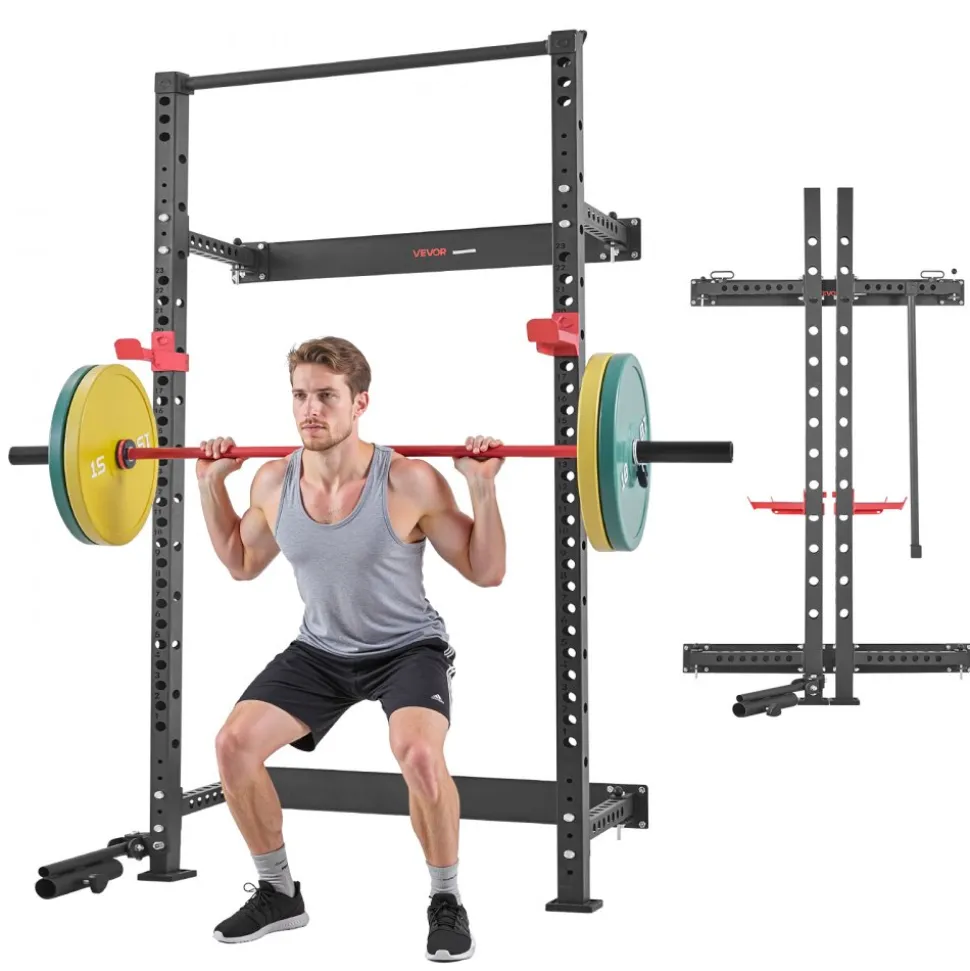 VEVOR Folding Power Cage, Wall-Mounted Power Rack Squat Rack, Multifunctional Strength Training Workout Equipment with Landmine Holder, Adjustable J-Hooks & Pull-Up Bar for Home Gym, 1000LBS Capacity