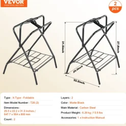 VEVOR Folding Saddle Rack, 28 x 19 x 37.5 in, 2 Packs Freestanding Horse Saddle Stand, Portable Horse Blanket Holder, Heavy Duty Steel Saddle Rack for English & Western Saddles, Tack Storage, Black