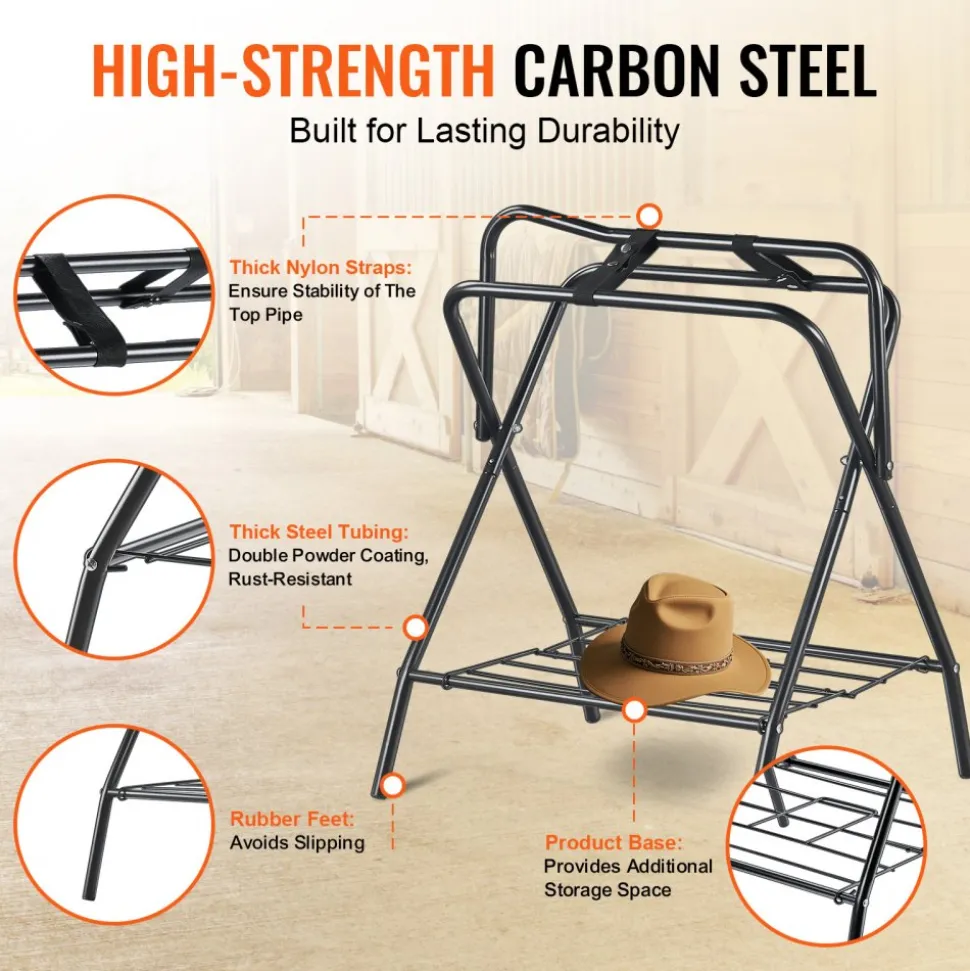 VEVOR Folding Saddle Rack, 28 x 19 x 37.5 in, Freestanding Horse Saddle Stand, Portable Horse Blanket Holder, Heavy Duty Steel Saddle Rack for English & Western Saddles, Tack Storage, Black