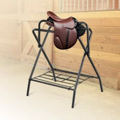 VEVOR Folding Saddle Rack, 28 x 19 x 37.5 in, Freestanding Horse Saddle Stand, Portable Horse Blanket Holder, Heavy Duty Steel Saddle Rack for English & Western Saddles, Tack Storage, Black
