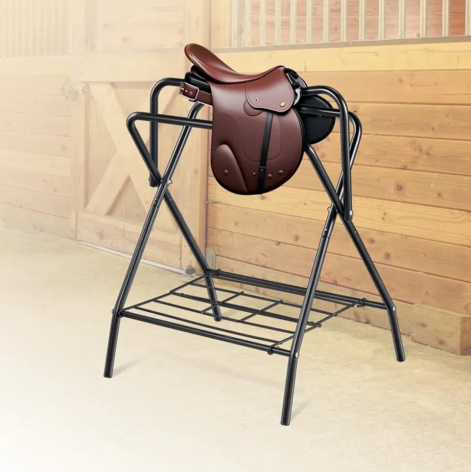 VEVOR Folding Saddle Rack, 28 x 19 x 37.5 in, Freestanding Horse Saddle Stand, Portable Horse Blanket Holder, Heavy Duty Steel Saddle Rack for English & Western Saddles, Tack Storage, Black