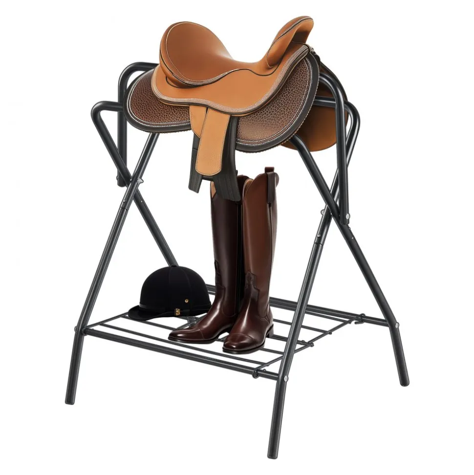 VEVOR Folding Saddle Rack, 28 x 19 x 37.5 in, Freestanding Horse Saddle Stand, Portable Horse Blanket Holder, Heavy Duty Steel Saddle Rack for English & Western Saddles, Tack Storage, Black