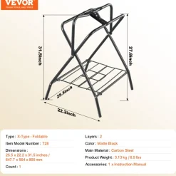 VEVOR Folding Saddle Rack, 28 x 19 x 37.5 in, Freestanding Horse Saddle Stand, Portable Horse Blanket Holder, Heavy Duty Steel Saddle Rack for English & Western Saddles, Tack Storage, Black