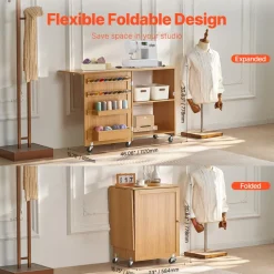 VEVOR Folding Sewing Table, Multipurpose Sewing Machine Table with Compact Design, Wheels, Shelves, Storage Trays, Wooden Pegs, and Magnetic Doors, Sewing Desk Cabinet for Sewing Machine, Wood Color