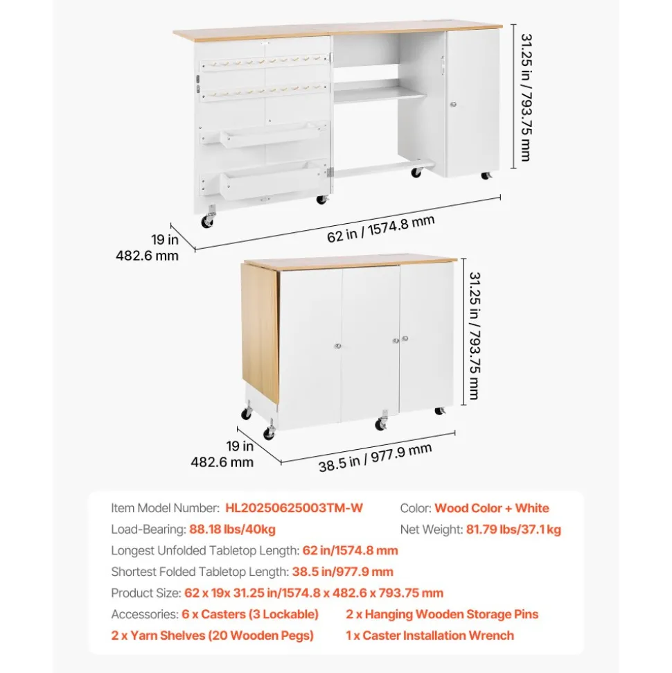VEVOR Folding Sewing Table, Multipurpose Sewing Machine Table with Cabinet, Charging Station, Compact Design, Wheels, Wooden Pegs, Storage Trays and Shelf, Craft Station and Side Desk for Home