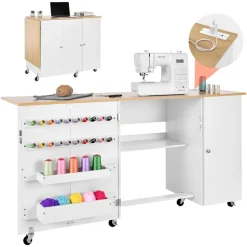 VEVOR Folding Sewing Table, Multipurpose Sewing Machine Table with Cabinet, Charging Station, Compact Design, Wheels, Wooden Pegs, Storage Trays and Shelf, Craft Station and Side Desk for Home