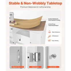 VEVOR Folding Sewing Table, Multipurpose Sewing Machine Table with Cabinet, Charging Station, Compact Design, Wheels, Wooden Pegs, Storage Trays and Shelf, Craft Station and Side Desk for Home