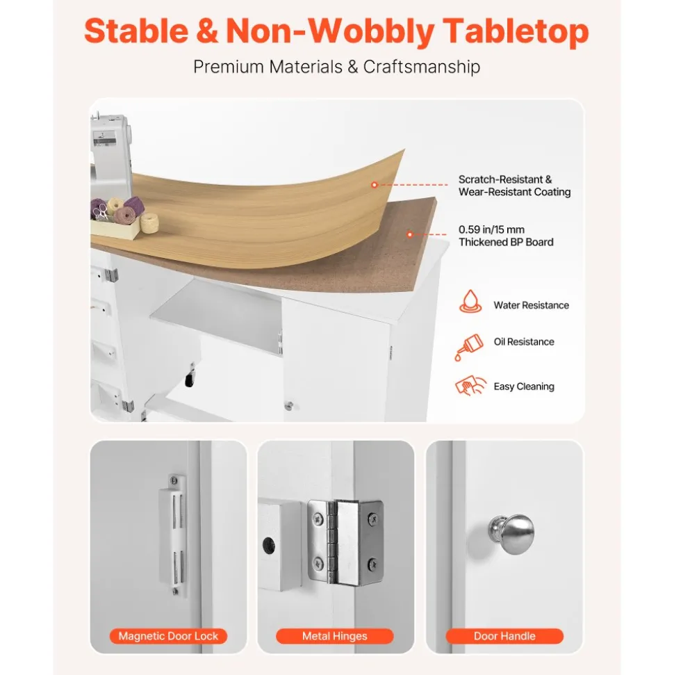 VEVOR Folding Sewing Table, Multipurpose Sewing Machine Table with Cabinet, Charging Station, Compact Design, Wheels, Wooden Pegs, Storage Trays and Shelf, Craft Station and Side Desk for Home