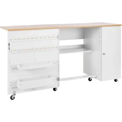 VEVOR Folding Sewing Table, Multipurpose Sewing Machine Table with Cabinet, Charging Station, Compact Design, Wheels, Wooden Pegs, Storage Trays and Shelf, Craft Station and Side Desk for Home